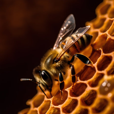 Close up view of the working bee on honeycells. Macro photography of bees on honeycombs.の素材
