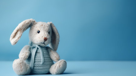 Cute knitted toy rabbit on blue background with copy space.の素材