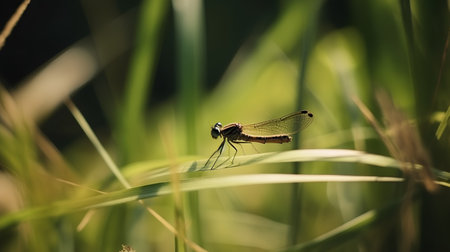 Dragonfly on a blade of grass in the morning sun. Macroの素材