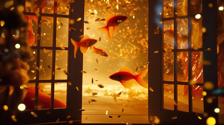 goldfish in the window with golden bokeh and golden lightの素材