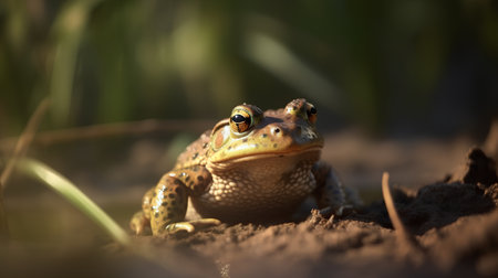 Frog sitting in the mud on a sunny day, close-upの素材