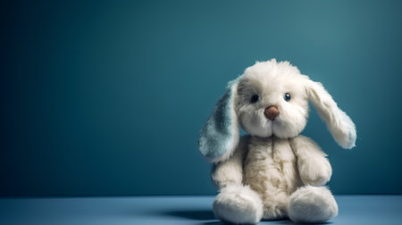 Cute rabbit toy on blue background with copy space for your textの素材