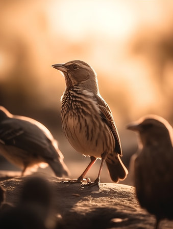 Beautiful song thrush bird on a rock in the sunset lightの素材