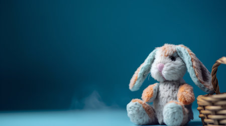 Easter bunny with basket on blue background, copy space for textの素材