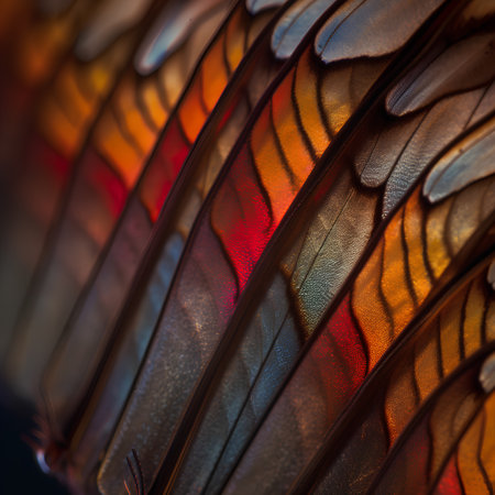 Macro shot of a wing of a bird with colorful feathers.の素材