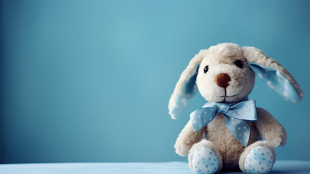 Easter bunny with blue bow tie on blue background, copy spaceの素材