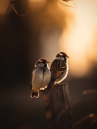 Two sparrows sitting on a tree trunk in the sunset lightの素材