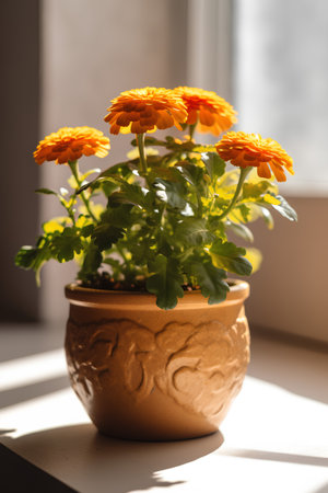 Orange chrysanthemums in a pot on the windowsillの素材
