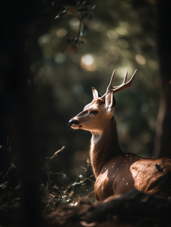 Portrait of a young deer with antlers in the forest.の素材