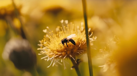 Bee on a yellow dandelion flower. Shallow depth of fieldの素材