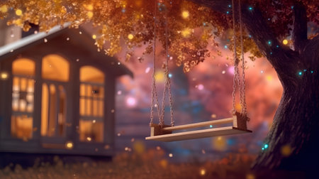 Wooden swing hanging on a tree in the autumn forest. 3d renderingの素材