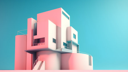 3D render of modern building in pink color on blue background.の素材