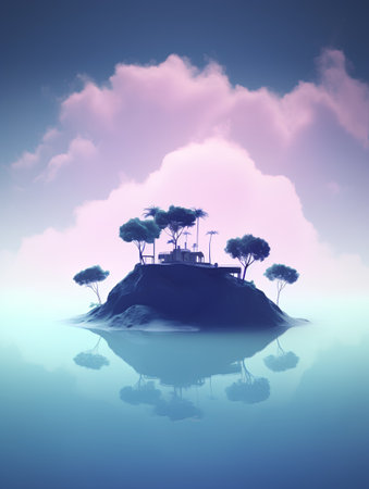 fantasy landscape with island in the ocean. 3d render illustrationの素材