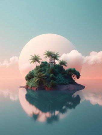 Tropical island with palm trees at sunset. 3d renderの素材