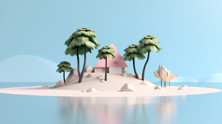 3d render of tropical island with palm trees. Minimal conceptの素材