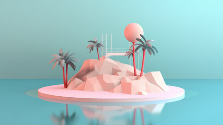 3d render, abstract minimal scene with geometrical forms, palm trees on the podiumの素材