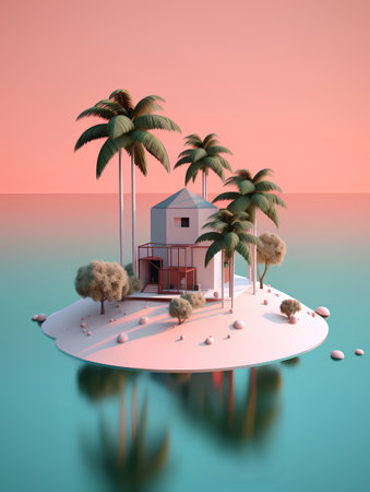 tropical island with palm trees and house, 3d render illustrationの素材