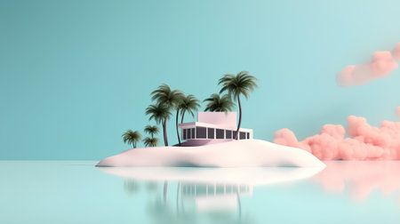 Palm tree on island in ocean. 3D render illustration.の素材