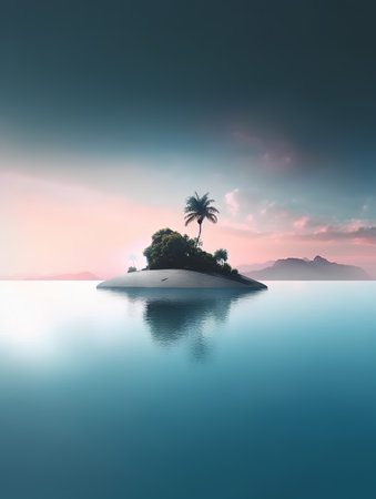 tropical island with palm and sea at sunset. 3d renderの素材