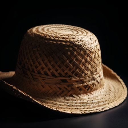Straw hat on a dark background. Close-up. Selective focus.の素材