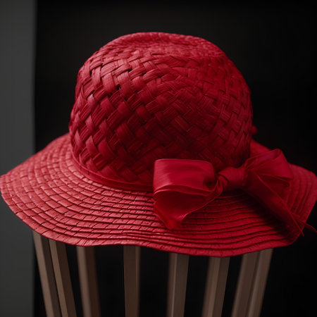 Red hat with a red bow on a wooden chair. Black background.の素材
