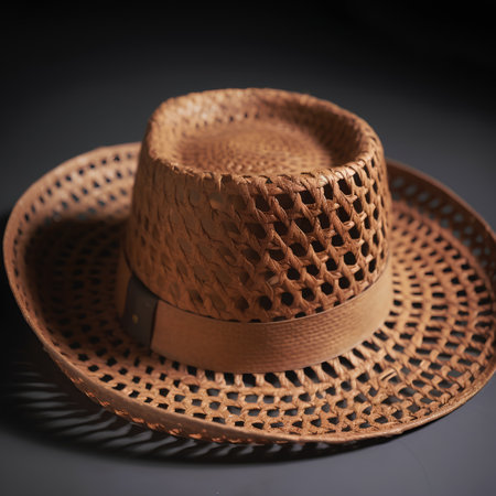 Straw hat on a dark background. Vintage style. Selective focus.の素材