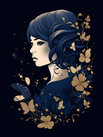 Beautiful girl with butterflies and flowers. Vector illustration in retro style.の素材