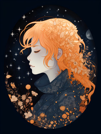 Illustration of a beautiful girl with red hair in the moonlightの素材