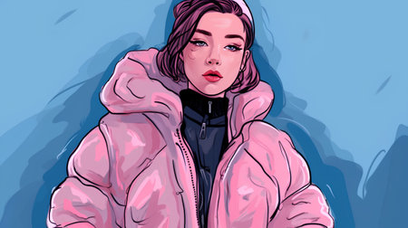 Beautiful young woman in a pink down jacket. Vector illustration.の素材