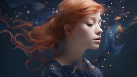 Fantasy portrait of beautiful redhead girl with flying hair and dreamy lightsの素材