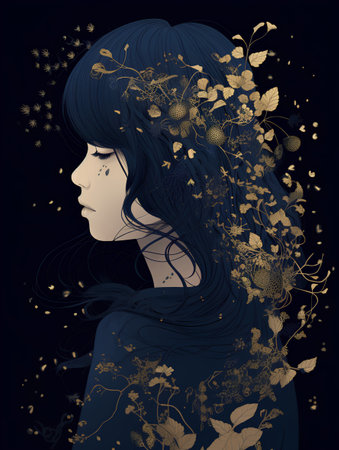 Illustration of a beautiful girl with long hair and flowers in her hairの素材