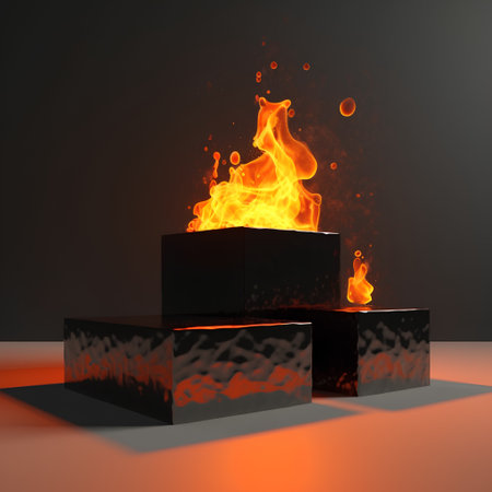 3d illustration of black podium with a burning fire on a dark backgroundの素材