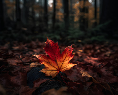 Autumn maple leaf in the forest. Seasonal background with copy spaceの素材