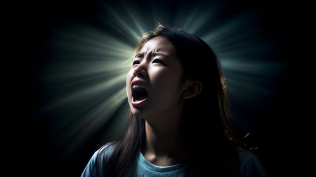 Angry woman screaming on black background with rays of light in the darkの素材