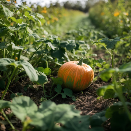 Pumpkin growing in the field. Autumn harvest. Selective focus.の素材