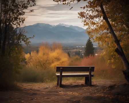 Bench in the middle of autumn forest with mountains in the background.の素材