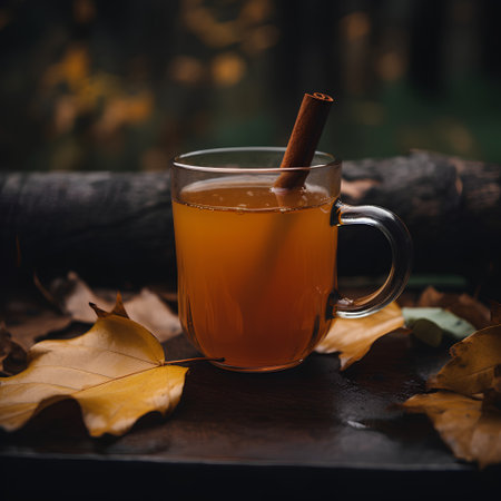 Cup of hot mulled wine with spices and autumn leaves on a wooden backgroundの素材