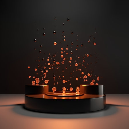 3d rendering of an abstract composition with a round podium and falling dropsの素材