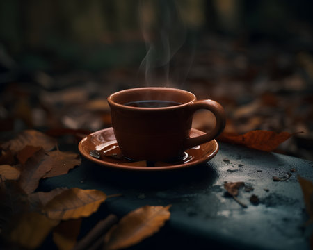 Cup of coffee on a table covered with autumn leaves in the forestの素材