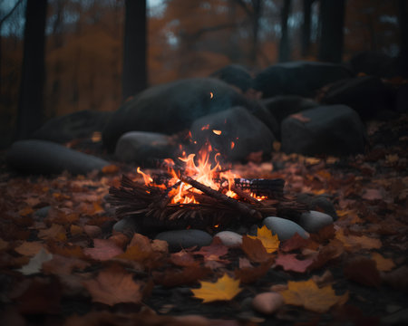 Bonfire in the autumn forest. Camping concept. Selective focus.の素材