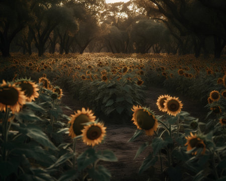 Sunflower field with trees in the background at sunset. Toned.の素材