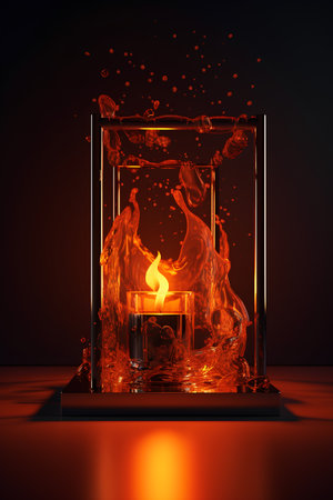 3d illustration of a glass cube with a burning fire inside.の素材