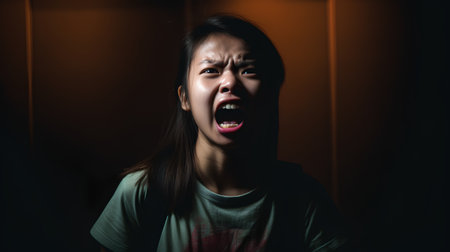 angry asian woman screaming on dark background, domestic violence conceptの素材