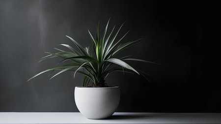 Beautiful houseplant in a white pot on a black background.の素材