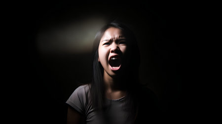 portrait of a young asian woman shouting in dark background.の素材