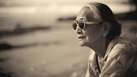 Portrait of a beautiful senior woman on the beach. Toned.の素材