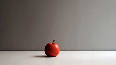 Red apple on a white table with a gray wall in the backgroundの素材