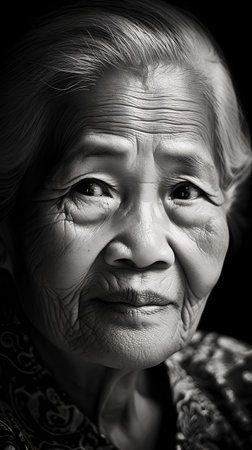 Portrait of an elderly Asian woman. Black and white photo.の素材