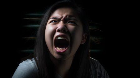 Portrait of a young asian woman screaming and looking at camera on black backgroundの素材