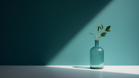 Empty glass bottle with green plant on white table. 3D renderingの素材